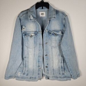 Madden NYC Womens Denim Jacket Light Wash Distressed Size L Layering Outerwear